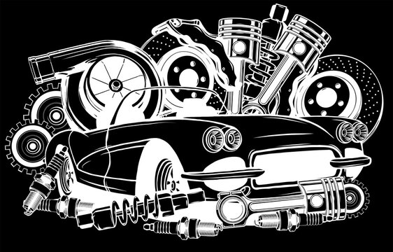 recommend clip art: Vector illustration of Car Spares Frame and parts silhouette in black background