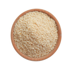 Sesame seeds in bowl on white background, top view