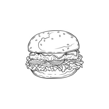 Original monochrome vector illustration of Burger with cutlet, tomatoes and greens in vintage style.