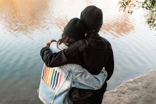 Mysterious couple hugging