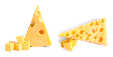 Pieces of delicious cheese on white background. Banner design