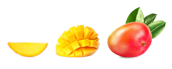 Set with sweet ripe mangoes on white background. Banner design