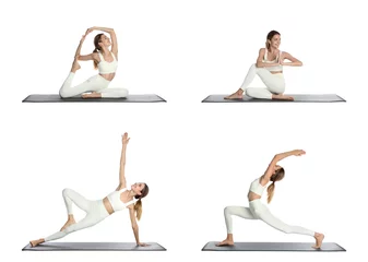 Stoff pro Meter Young woman practicing yoga on white background, collage © New Africa