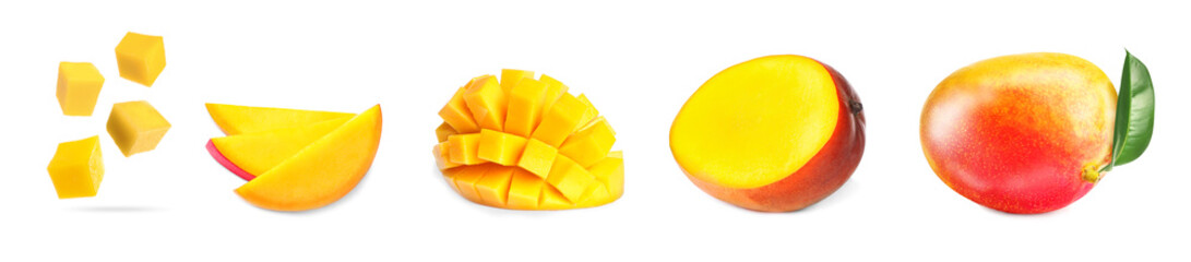 Set with sweet ripe mangoes on white background. Banner design