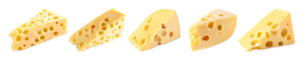 Set with pieces of delicious cheese on white background. Banner design