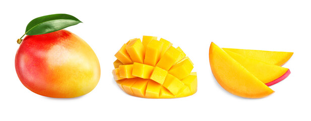 Set with sweet ripe mangoes on white background. Banner design