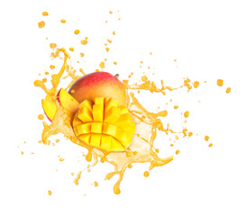 Splash of delicious mango juice on white background