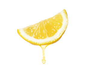 Lemon juice dripping from fruit on white background