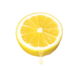 Lemon juice dripping from fruit on white background