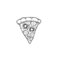 Original monochrome vector illustration of a slice of pizza with salami, cheese and tomatoes.