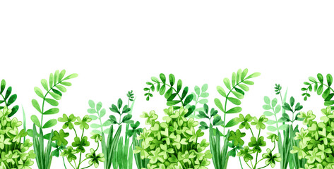 Naklejka premium Watercolor spring background. Spring flowers, herbs, leaves, branches. Hand-drawn seamless border.