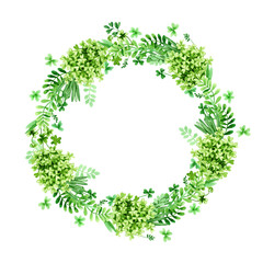 Watercolor decorative illustration of spring greenery. Round frame of twigs, herbs, clover, tiny leaves can be used for greeting cards, menus, invitations.Botanical clipart