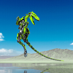 cyber raptor is doing an air support pose on the desert after rain close up view
