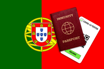 Immunity passport and test result for COVID-19 on flag of Portugal