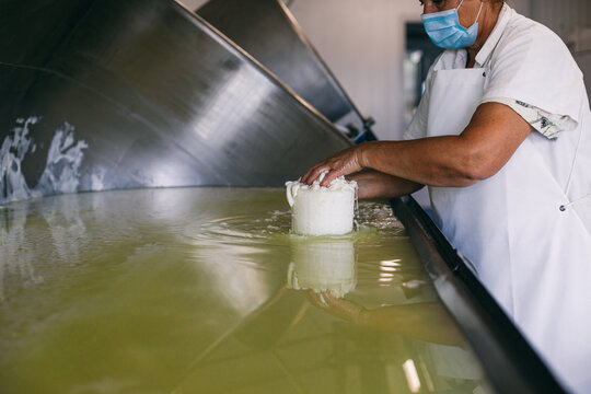 Woman working at cheesemaking factory