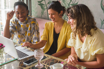 Group Of Smiling Women Using Laptop In A Meeting