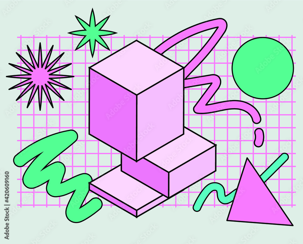 Poster neo-memphis abstract background with geometric shapes. vaporwave and retrowave style.
