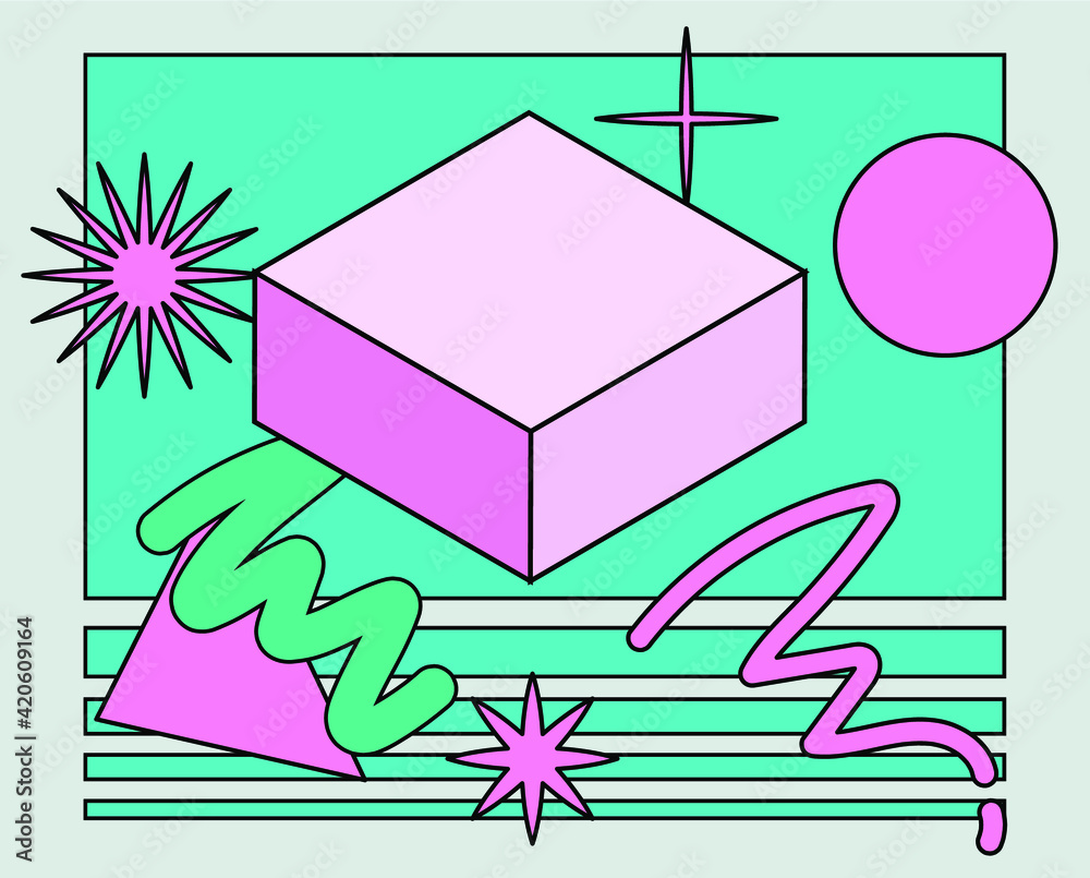 Poster neo-memphis abstract background with geometric shapes. vaporwave and retrowave style.