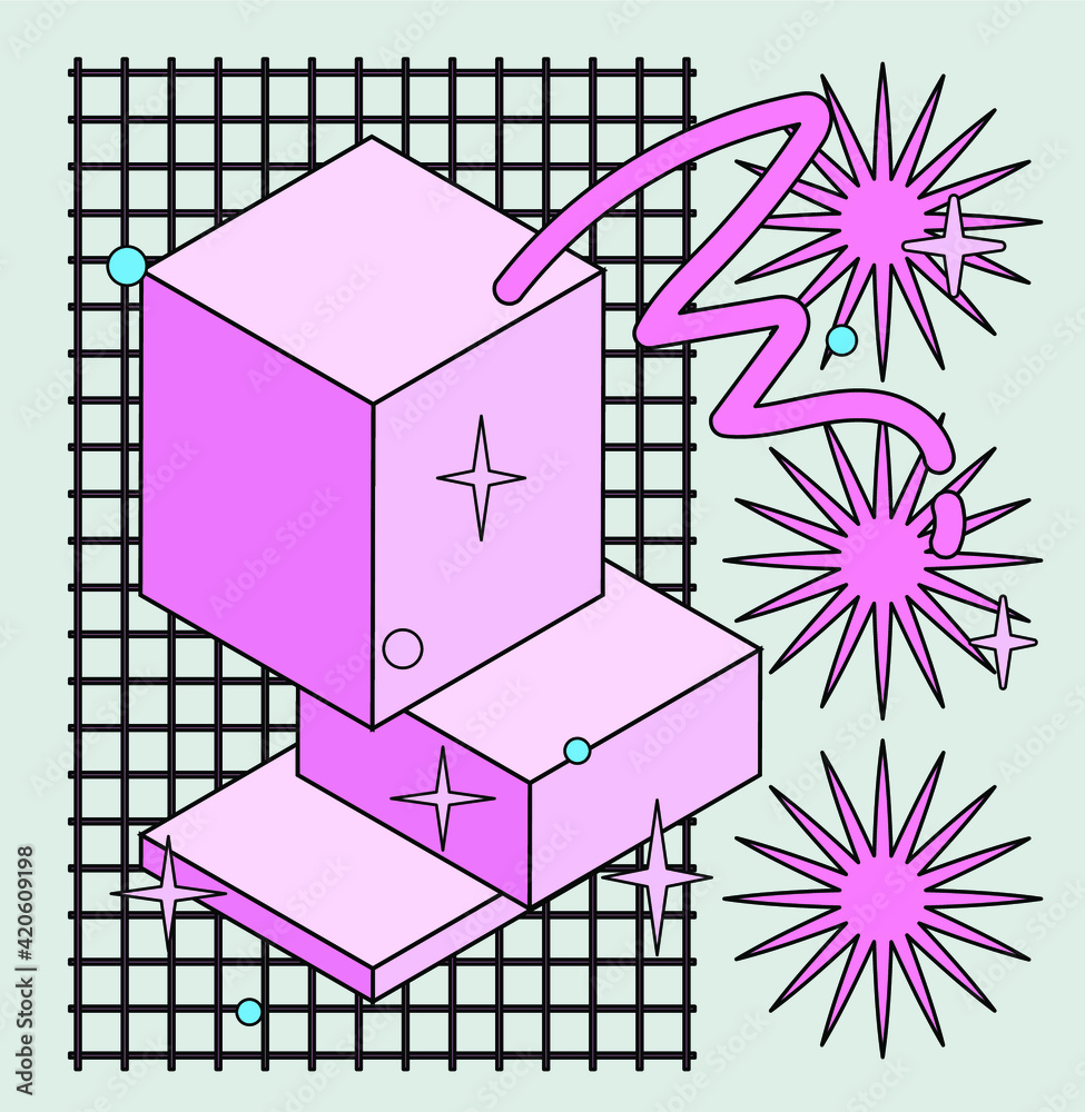 Poster neo-memphis abstract background with geometric shapes. vaporwave and retrowave style.