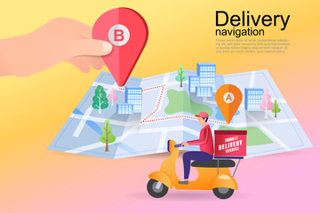 Ecommerce concept. Online shopping. Online delivery service concept. Fast delivery by scooter via mobile phone. Man riding scooter. Vector illustration.
