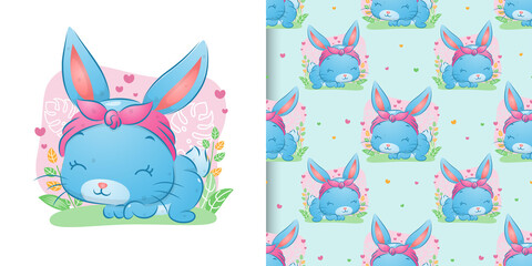 The pattern of the cute rabbit with the headband running in the garden