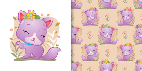 The seamless of the cute cat with the flowers sitting on the garden with the floral background