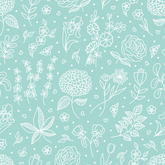 Outline vector Spring Flowers and Leaves doodle seamless pattern. Hand drawn Garden Plants. Blossom season Floral background for design textile, scrapbooking, package, wrapping paper, card, invitation