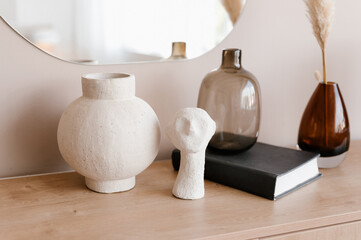 Set of various decorations on wooden shelf