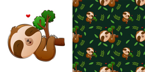The seamless of the sloth sleeping and hanging on the branch of the tree
