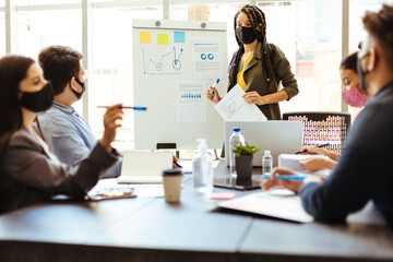 Business team wearing protective masks while meeting in the office during the COVID-19 epidemic