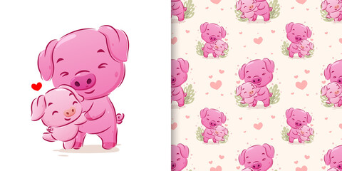 The hand drawn of the pig dancing with her baby in seamless pattern set
