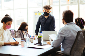 Business team wearing protective masks while meeting in the office during the COVID-19 epidemic