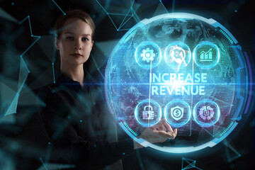 Business, technology, internet and network concept. Young businessman thinks over the steps for successful growth: Increase revenue