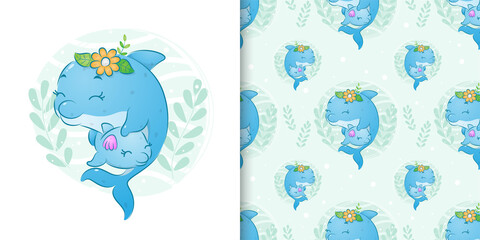 The seamless of the dolphin with the little flowers holds her baby © HERMANTO