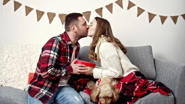 girl with a gorgeous smile gives her lover a gift