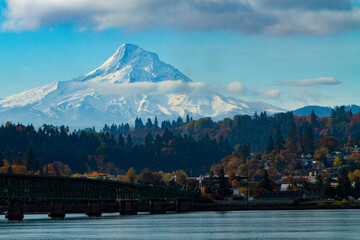 USA, Oregon. Mount Hood with Hood River Bridge in the foreground.