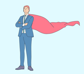 Business career growth and leadership concept. Successful business man or male office worker in suit and red cape.