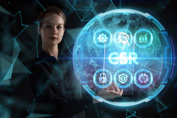 Business, technology, internet and network concept. Young businessman thinks over the steps for successful growth: CSR