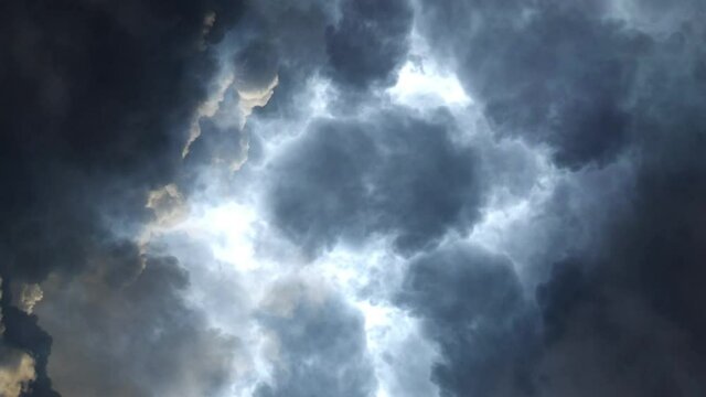 dark cumulonimbus clouds with lightning bolting, point of view.