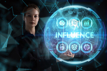 Business, technology, internet and network concept. Young businessman thinks over the steps for successful growth: Influence
