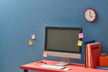 Contemporary comfortable workspace with computer pc on modern office table, Empty screen display.
