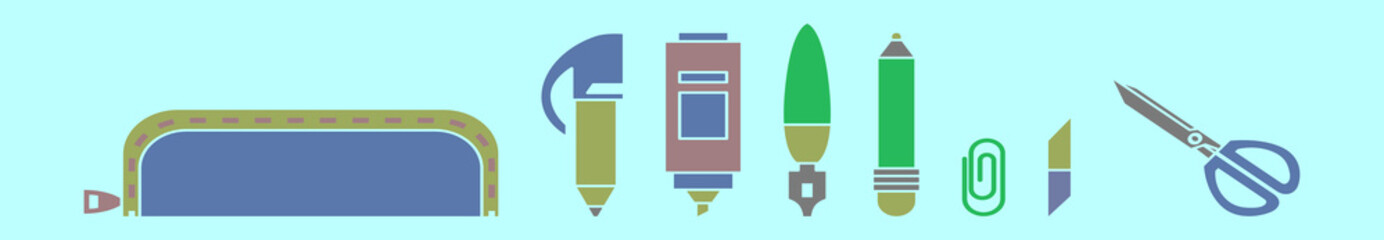set of stationary cartoon icon design template with various models. vector illustration isolated on blue background