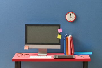 Contemporary comfortable workspace with computer pc on modern office table, Empty screen display.