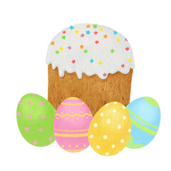 Fototapeta na wymiar Illustration of drawn easter cake with colorful eggs on white isolated background
