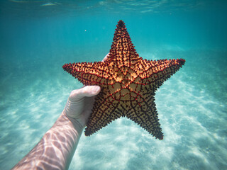 Hand of snorkeler holding starfish underwater. concept of travel and Adventures