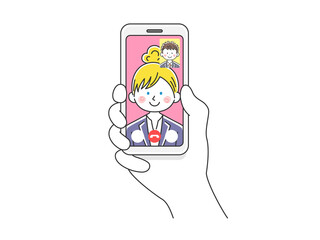 スマートフォンでビデオ通話をする白人ビジネスウーマンのイラスト