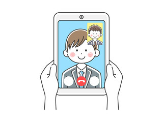 タブレットPCでビデオ通話をするビジネスマンのイラスト