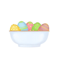 Image side view of drawn colorful easter eggs in  a white bowl on isolated background
