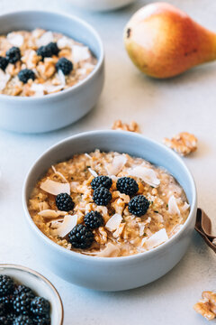 Homemade porridge topped with wild blackberries, walnuts and shr