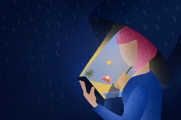 Searching for her dream holiday on smart phone.